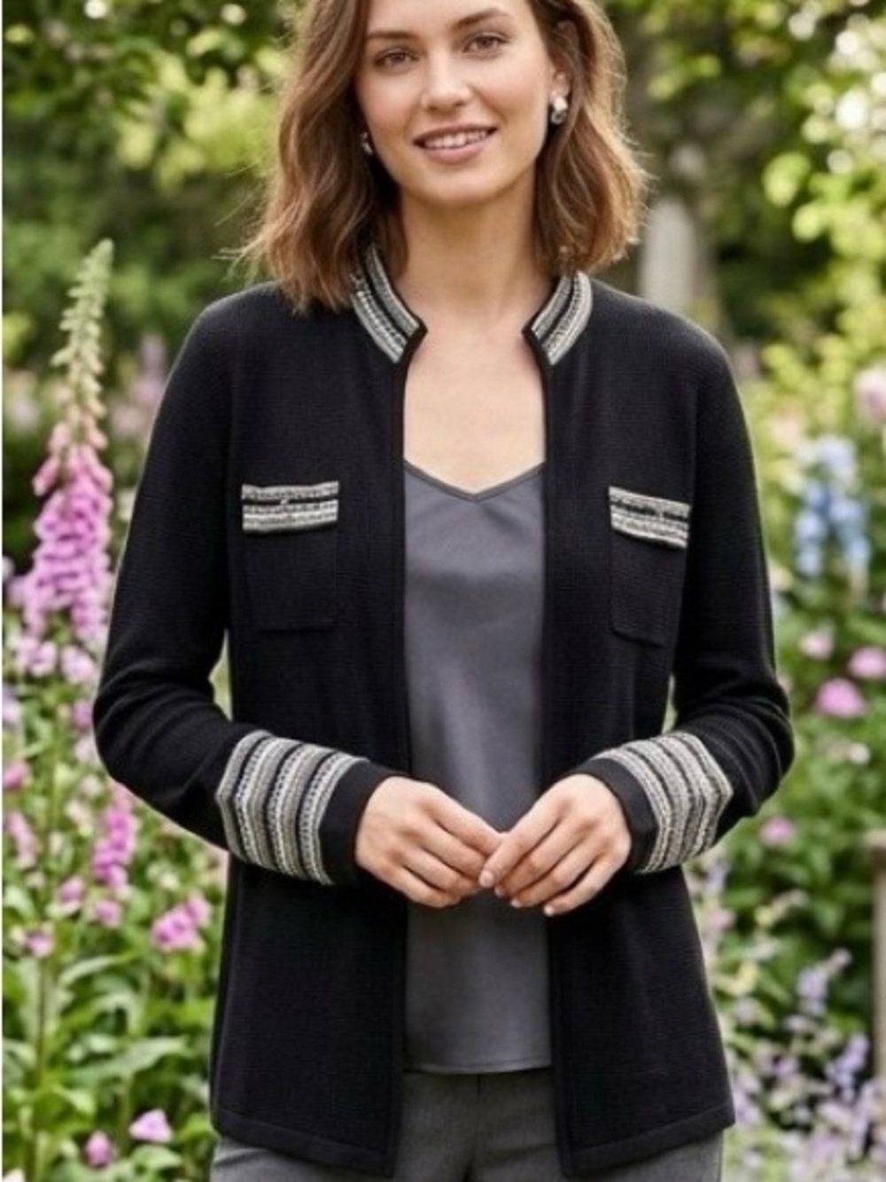 Chico's Black Open-Front Cardigan with Silver-Trim Details